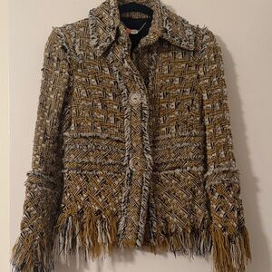 Stylish Tuleh Black & Gold Tweed Fringe Jacket